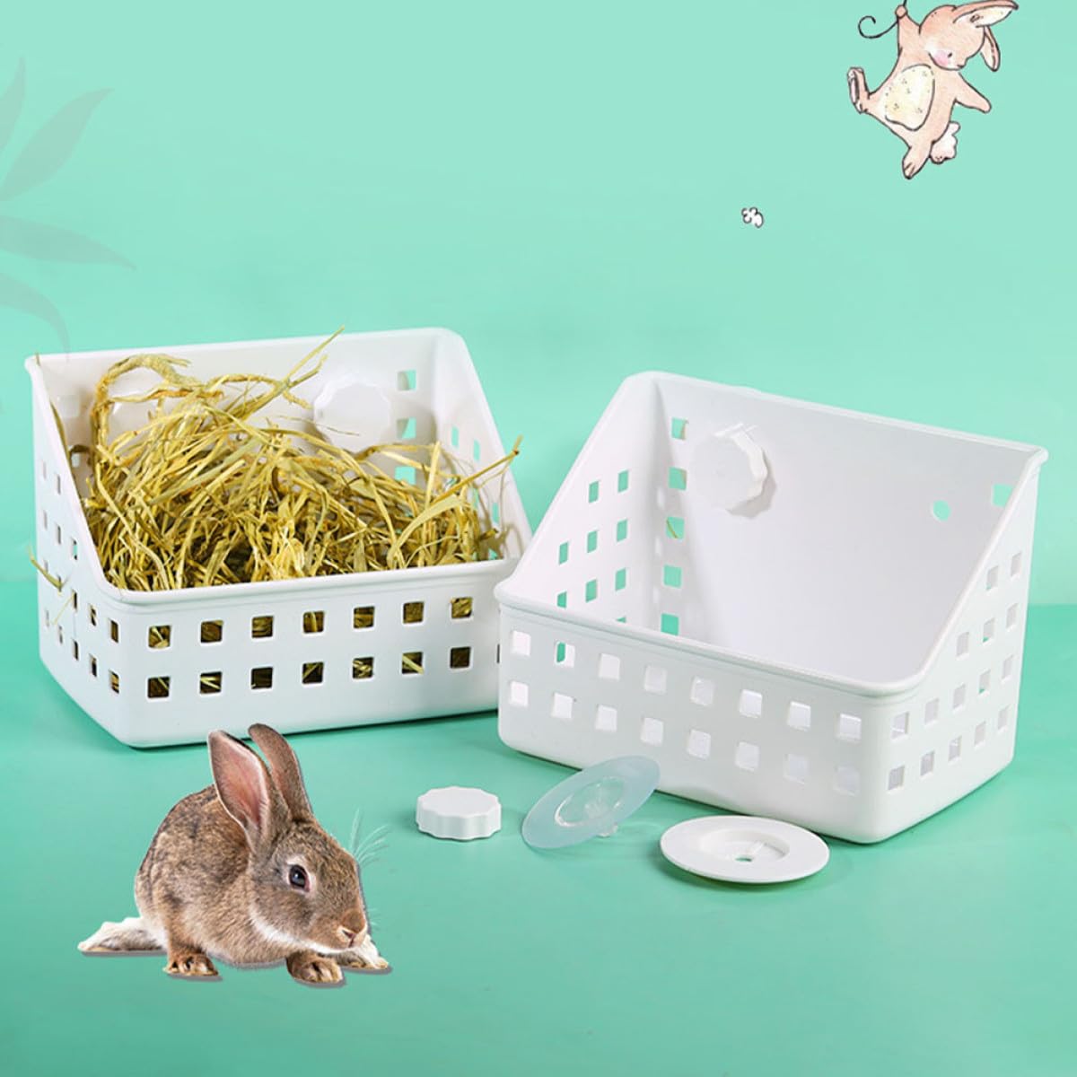 Veemoon Supports pour Mangeoires Lapins Ventouse Fixe, Plastique Robuste, Lot de 2, Râtelier à Foin Suspendu pour Cage de Petits Animaux, Adapté aux Lapins et Cochons d'Inde