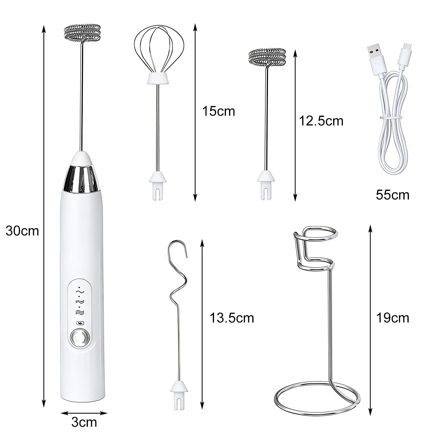 Montalatte Elettrico USB Ricaricabile, Frusta Acciaio Inossidabile 3 Velocità Regolabile, Cappuccinatore Elettrico per Latte per Caffè, Latte, Cappuccino, Bianca