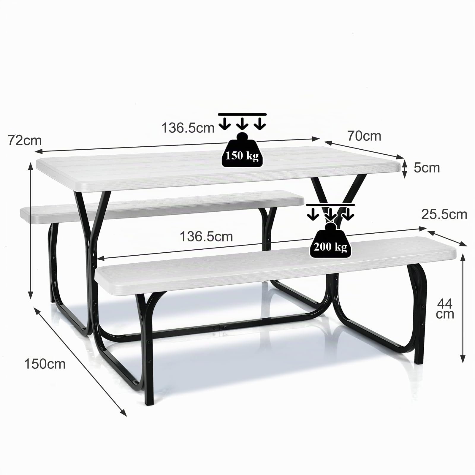 HOMASIS Tavolo e Panche Birreria, Tavolo e Sedie da Esterno, Set di Mobili da Giardino, Panca da Giardino, Tavolo da Picnic con Sedia, Mobile per Bar, Ristorante, 136,5 x 150 x 72 cm (bianco)