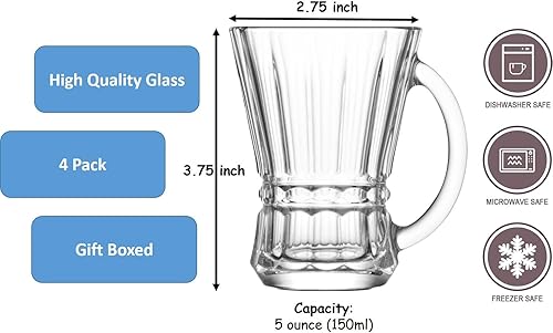 Miniatura 8 de BOHEM'S Tazas de café de vidrio transparente de 5 onzas, tazas de capuchino con mango grande, vasos de té para bebidas calientes y frías, café con