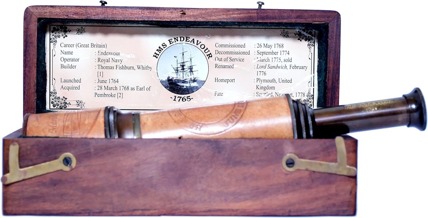 Antique Style 18" Brass Nautical Spyglass – HMS Endeavor Engraving & Wooden Storage Box | Ideal for Explorers & Gifting