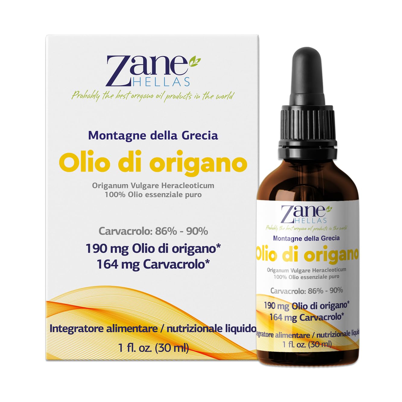 Zane Hellas 100% Olio di origano Non diluito.Puro Olio Essenziale Greco Puro di Origano.86% Carvacrolo Min.164mg Carvacrolo per porzione. 30ml