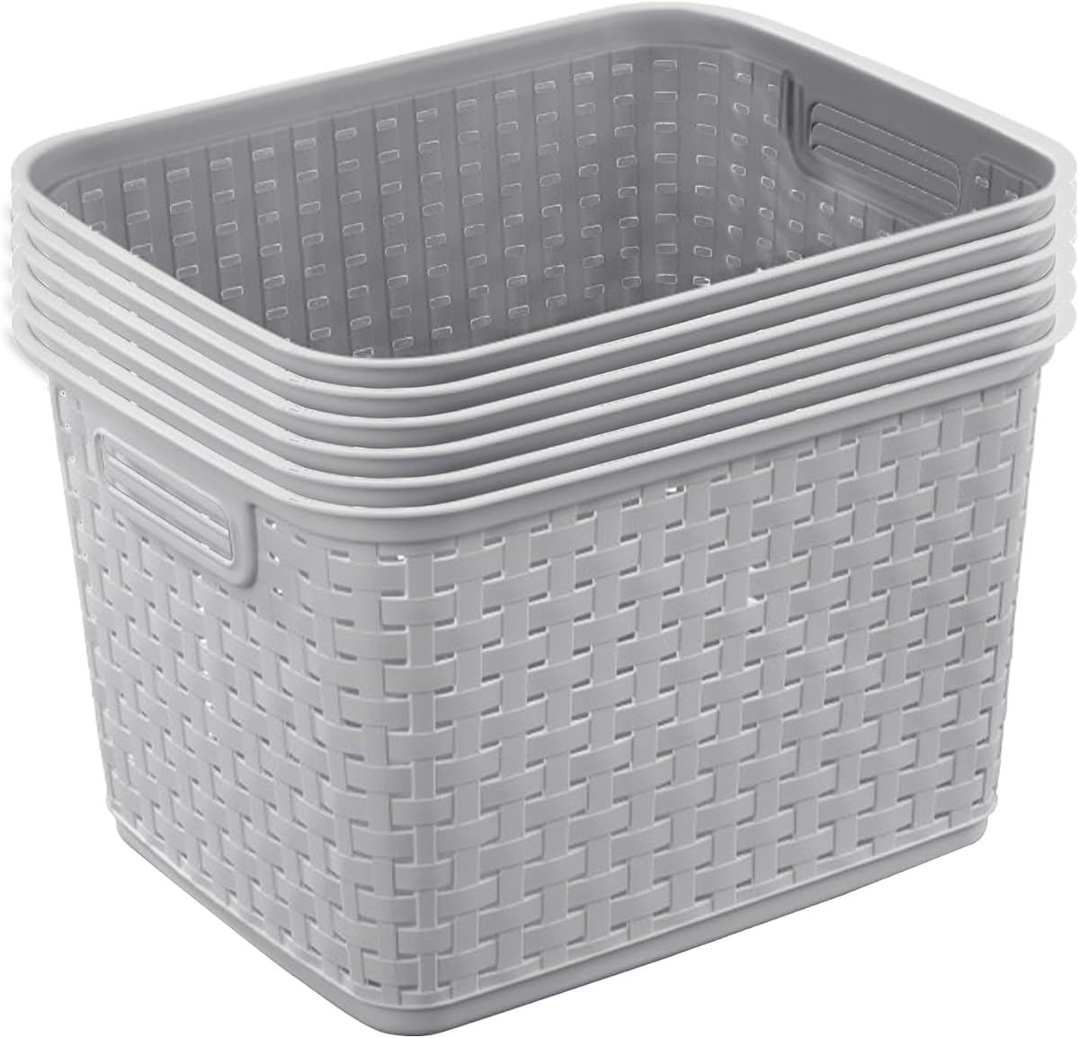 Tall Weave Basket, Rectangular Plastic Décor Bin, Gray, 6 Pack | Multi-Purpose and Decorative Organizer for Clothes, Shelves, Closets, Pantries, Living Rooms or Offices
