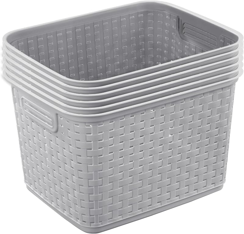 Tall Weave Basket, Rectangular Plastic Décor Bin, Gray, 6 Pack | Multi-Purpose and Decorative Organizer for Clothes, Shelves, Closets, Pantries, Living Rooms or Offices
