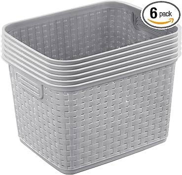 Sterilite 6-Pack Tall Weave Basket, Woven Plastic Storage Baskets for Organization, Cement Gray - Organizing Bin Containers with Handles for Bedroom, Bathroom, Dorm, Laundry Room, and Closet