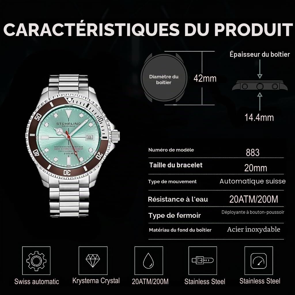 Stuhrling Montre de plongée Automatique Suisse Originale pour Homme, en Acier Inoxydable, étanche jusqu'à 200 mètres, Bracelet brossé et biseauté avec Fermoir de sécurité et Couronne vissée.