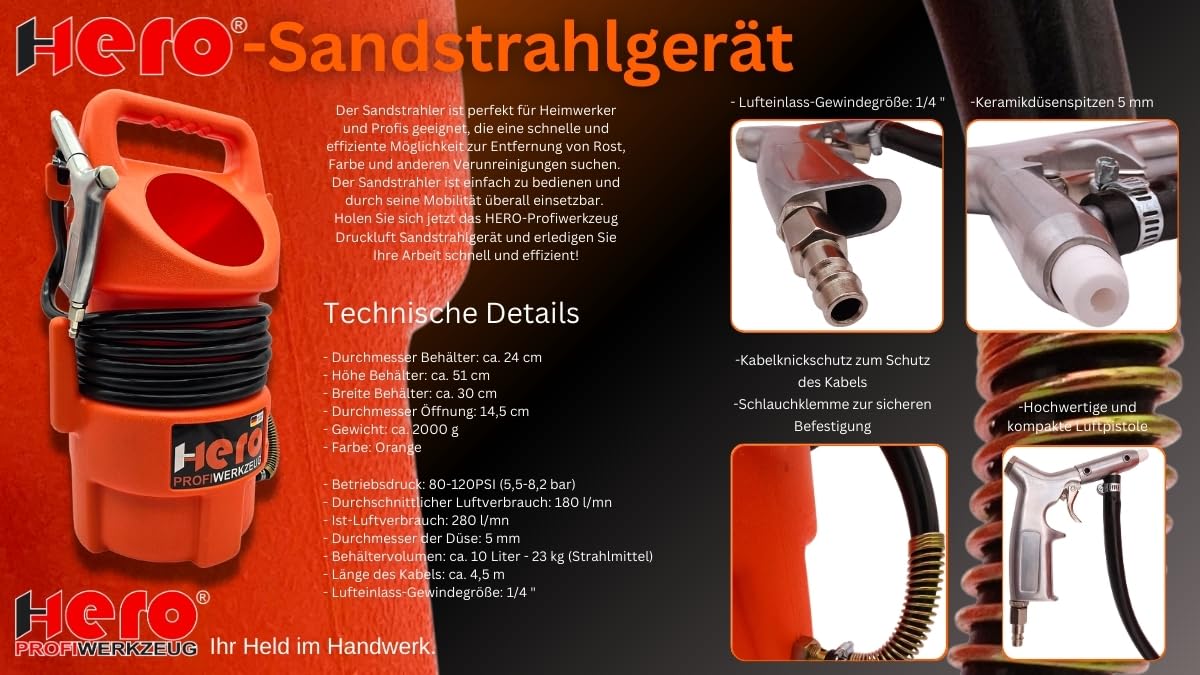 HERO Sandstrahler Druckluft 10L – Mobiles Sandstrahlgerät mit Strahlpistole für Rostentfernung, Reinigung & Oberflächenbearbeitung