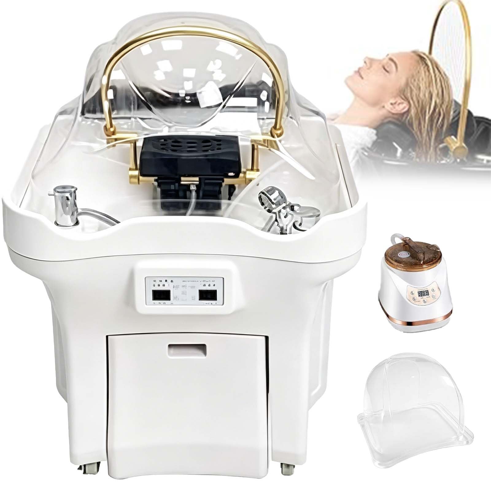 Portable Shampoo Basin With 60l Large Water Tank, Japanese Head Spa Equipment—Thermostatic Water Circulation, Steam Fumigation, Led Light Therapy For Salon Spa Massage Head Care(White)