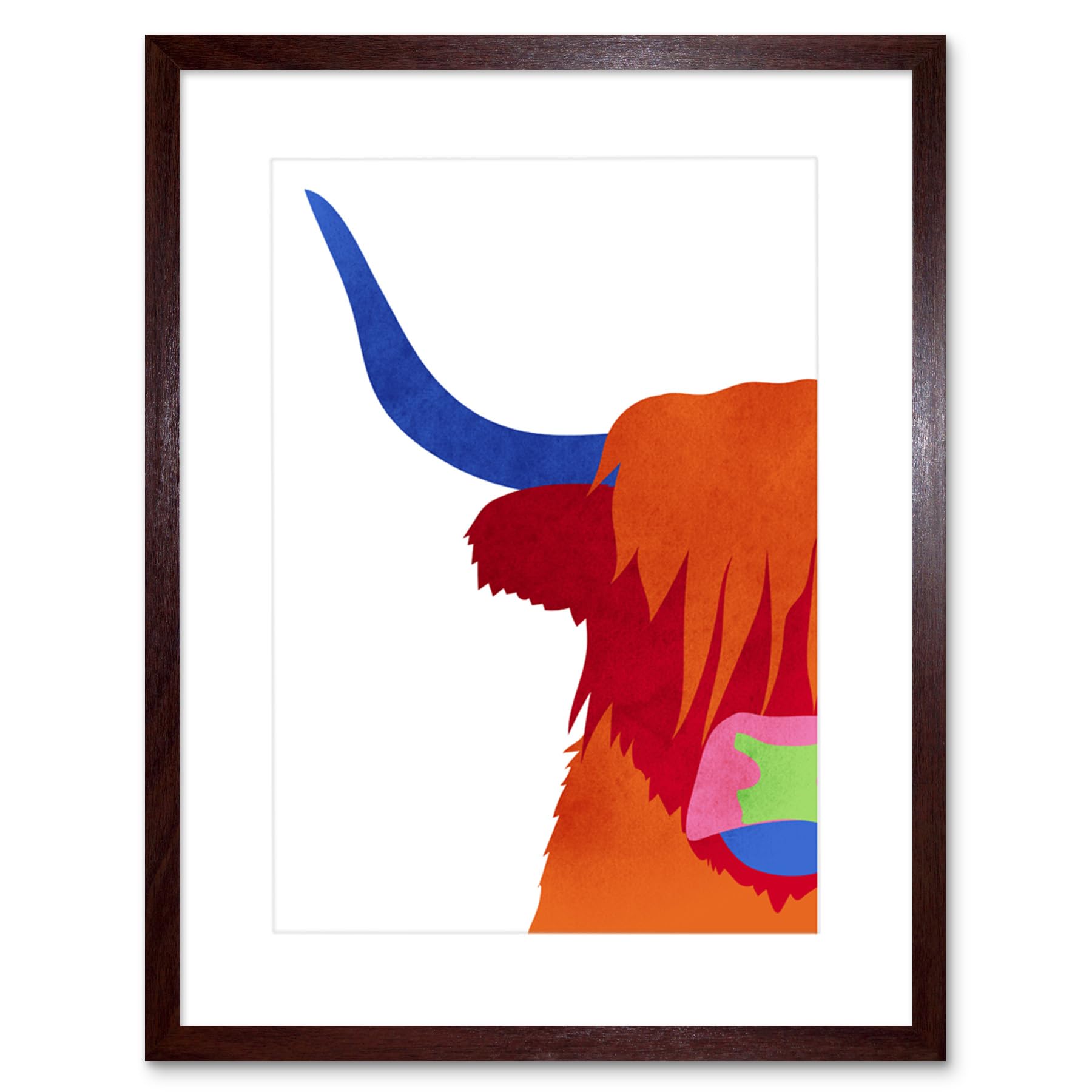 Bright Highland Scottish Cow Bull Coo Colourful Framed Art Print - W7 inch x H9 inch - Brown