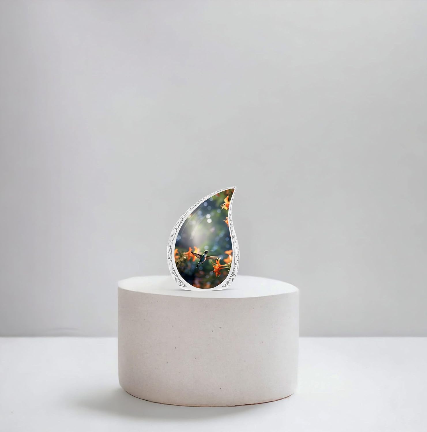 Teardrop Urn, Hummingbird Cremation Urn for Adult Ashes, Metal, Multicolor, Birds Pattern, 3 Inch, Polished, Threaded Lid