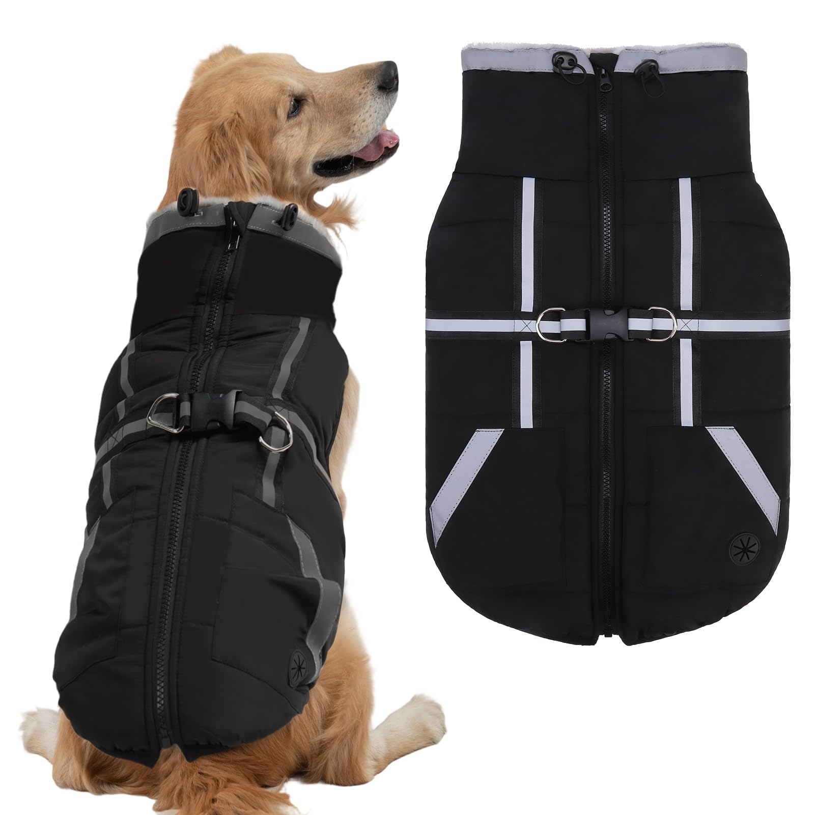 Mihachi Cappotto invernale per cani caldo con tasche per cani, giacca impermeabile per cani con imbracatura integrata in pile riflettente con cerniera, per animali domestici, antivento, caldo, freddo