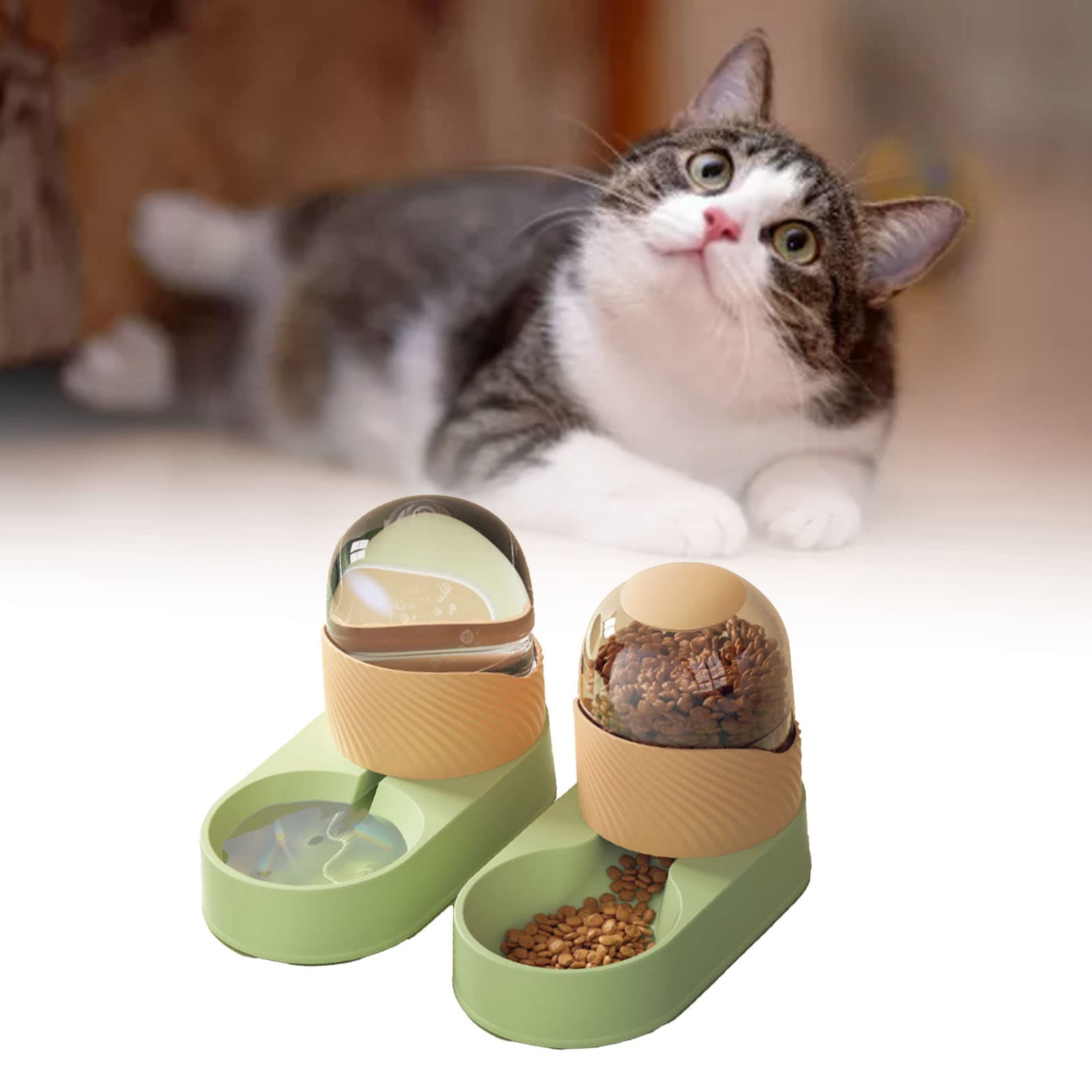 PUSOKEI Juego de Bebedero y Comedero Automático para Gatos 2000ml |Dispensador de Agua de Comida para Mascotas Extraíble Transparente para Cachorro de Perro (Naranja Verde)