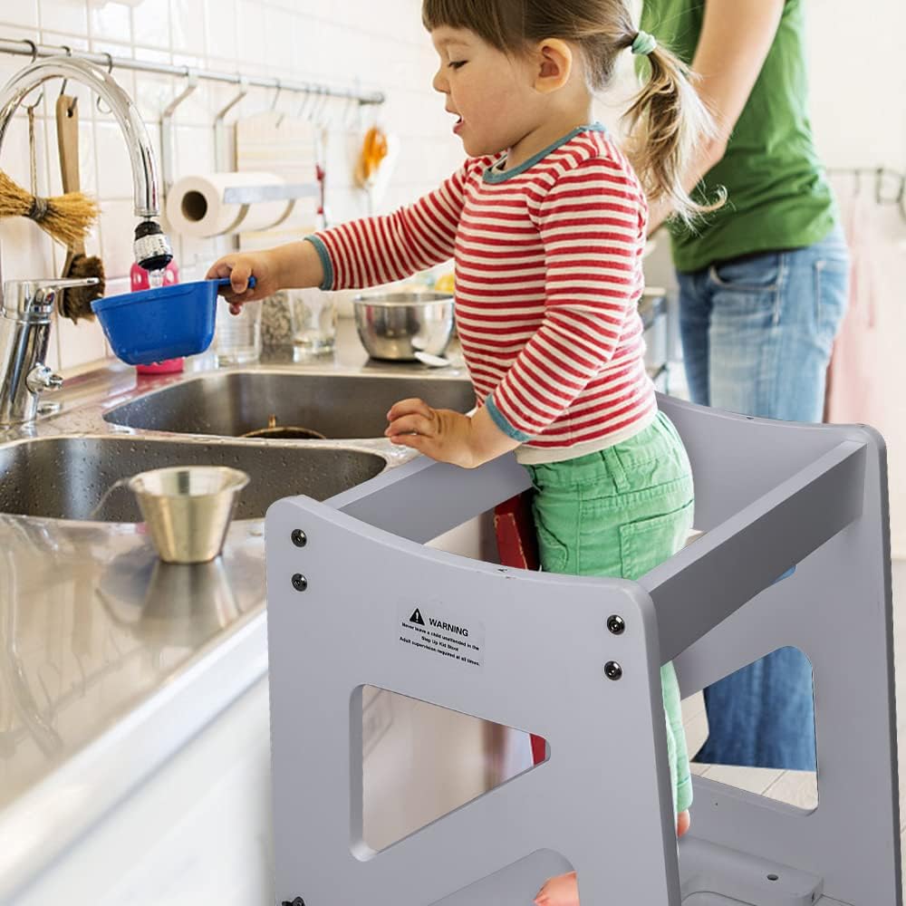 YOLEO Lernturm ab 1 Jahr, 3 in 1 Learning Tower für Kinder, Klappbare Tritthocker mit Rausfallschutz, mit doppelseitiger magnetischer Tafel, Küchen-/Badezimmerhelfer (Grau)