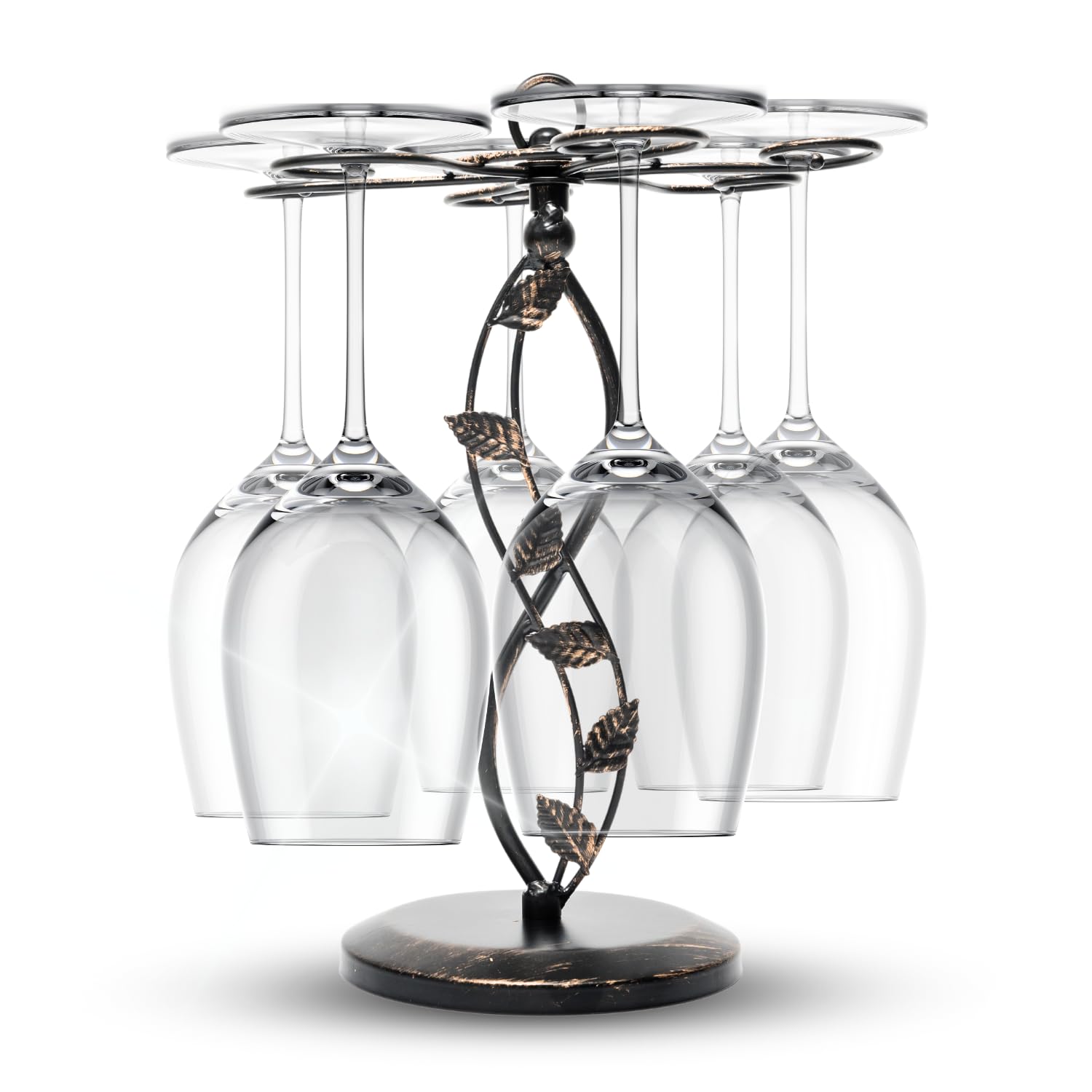 Maypes Wine Glass Rack – Elegant and Vintage-Inspired Wine Glass Holder for 6 Tall Glasses – Beautiful Leaf Design Wine Racks Countertop – Durable Metal Wine Glass Storage Rack – 9.5 x 9.5 x 13-inch