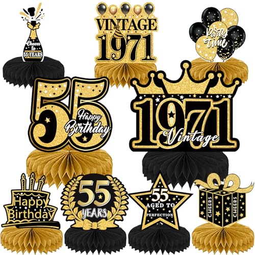 Refavor 55th Birthday Decorations - 9PCS Vintage Table Decor for Men Women, Black Gold Cheers to 1969 Years, Chic Honeycomb Centerpieces for Party