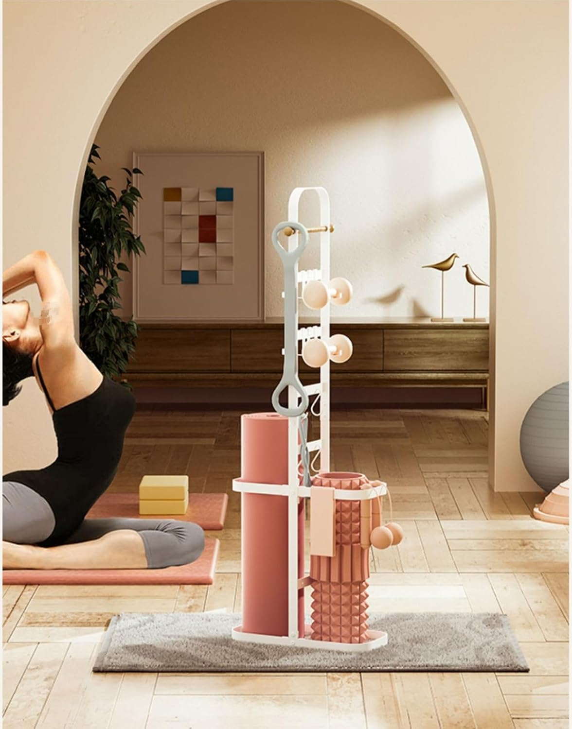 Yogamatten-Aufbewahrungsständer, langlebiger Metallboden-Standhalter mit verstellbaren Haken - Idealer Organizer für Heim-Fitness- und Fitnesscenter, stilvolles und platzsparendes Design (weiß)
