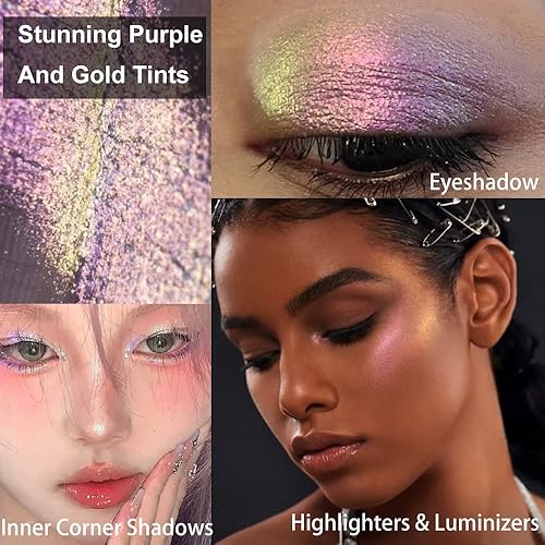 Miniatura 3 de Afflano Sombra de ojos única morado-dorado brillante, sombra de ojos multicolor cromo duo, sombra de ojos holográfica con purpurina, cambio de color