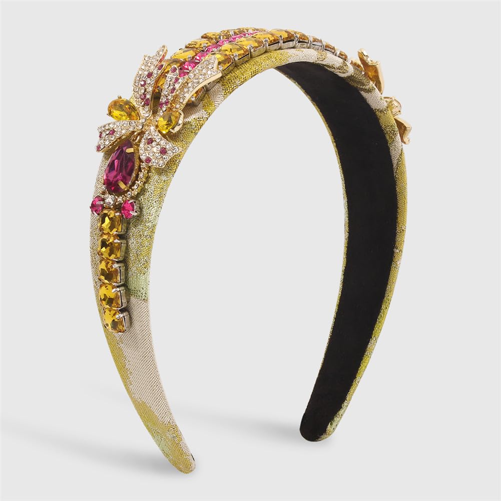Fascia per capelli con fiocco laterale con strass barocco squisito cristallo multicolore ricamo geometrico fascia per capelli accessori per capelli giallo