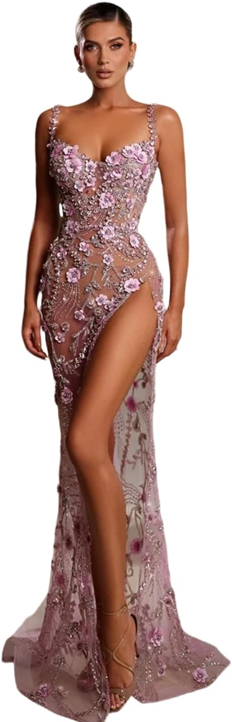Women's Beaded Halter top with Pearl Sequins, Three-Dimensional Floral Embellishments, high Slit, Sheer mesh Dress