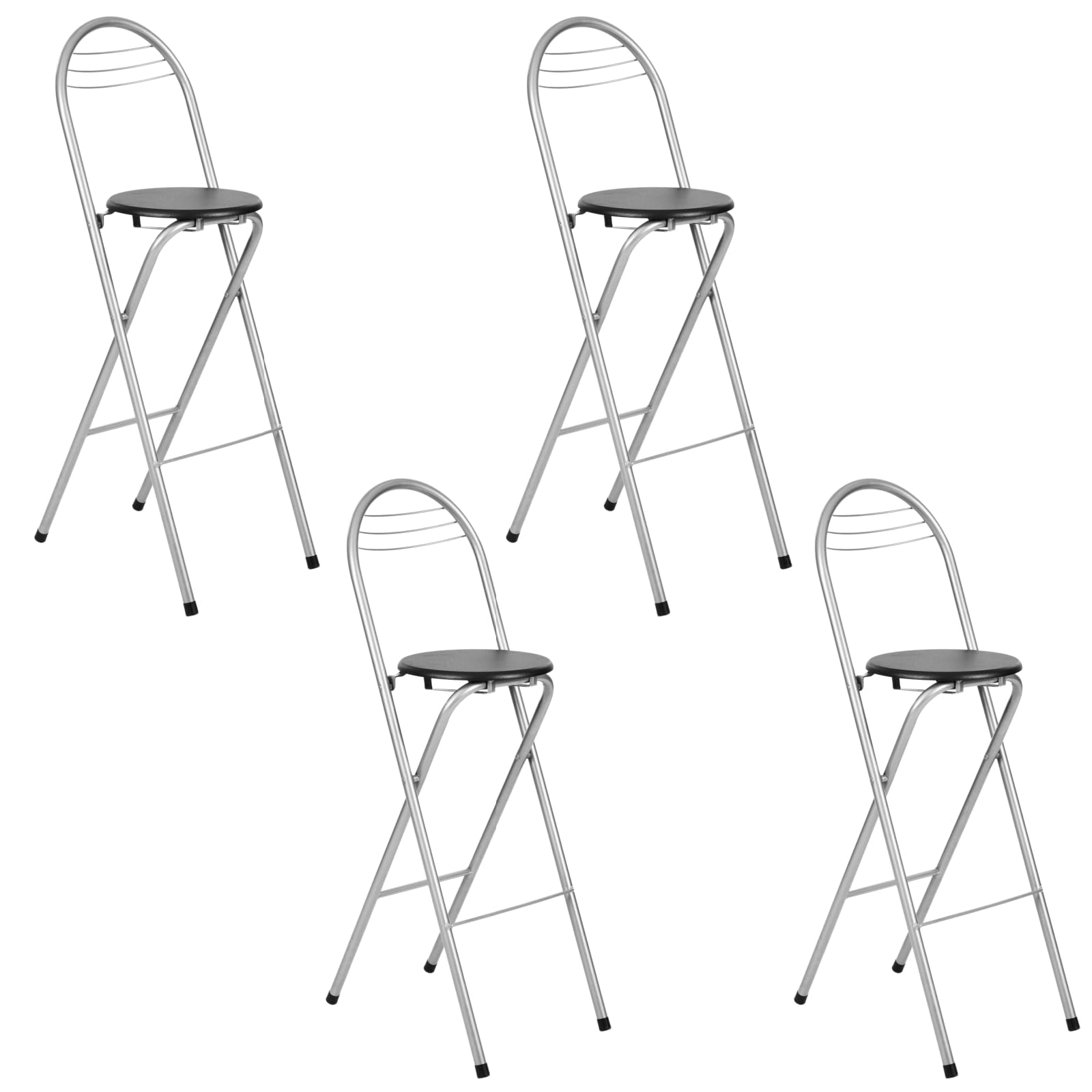 Lot de 4 Tabourets Bar Pliant avec Dossier, Hauteur d'assise 75 cm, Tabouret Haut Pliant Portable, Chaise de Bar Pliante, pour Cuisine Bistro Extérieure, sans Assemblage, Noir et Argent
