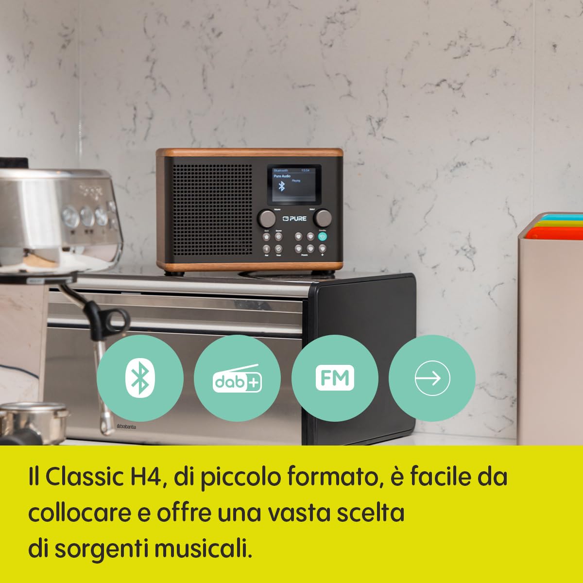 Pure Classic H4 Radio da Cucina Digitale DAB+ FM Bluetooth USB AUX Timer Sveglia Caffè Nero Noce
