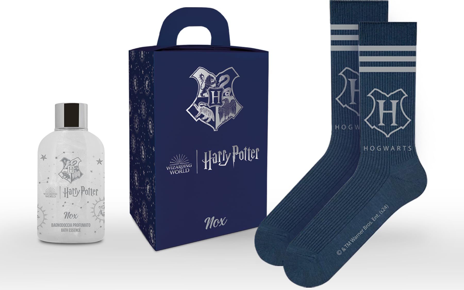 HARRY POTTER NOX | pudełko na prezent, żel Shower Gel 300 ml i oficjalne skarpety Hogwart 'Hogwart ', niebiesko-szare