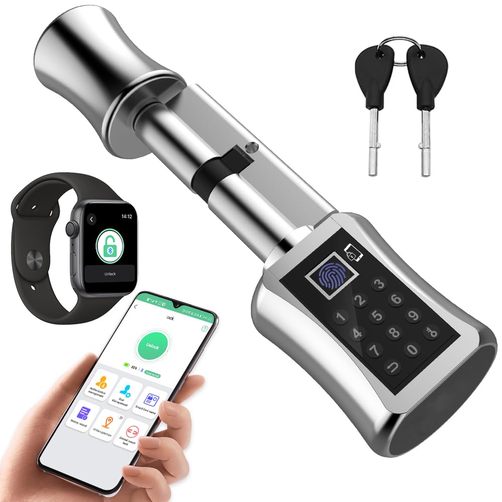 eLinkSmart Türschlosszylinder 75mm (37.5/37.5) mit Bluetooth App Fingerabdruck Passwort Schlüssel - Geeignet für die meisten EU-Türschlösser DIY schnell Montage Fernautorisierung USB iOS Watch