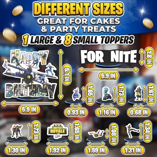 Video Game Cake Topper - Sturdy Cardboard Gamer Cake Decorations with 7 Action Figures & Large Logo, Easy Adjustment & Firm Installation - Creative Happy Birthday Cupcake Toppers for Boys & Girls