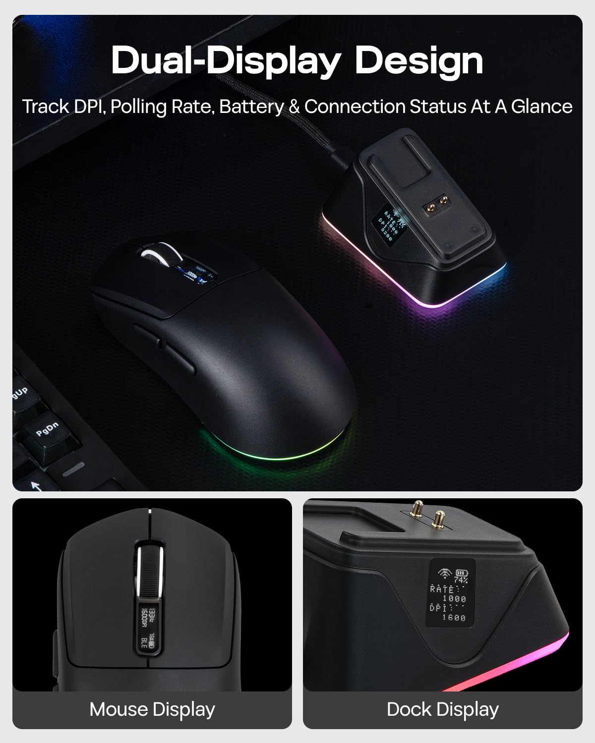 EPOMAKER NEX Lite Souris Gamer sans Fil, Double Écran&Station de Charge RVB