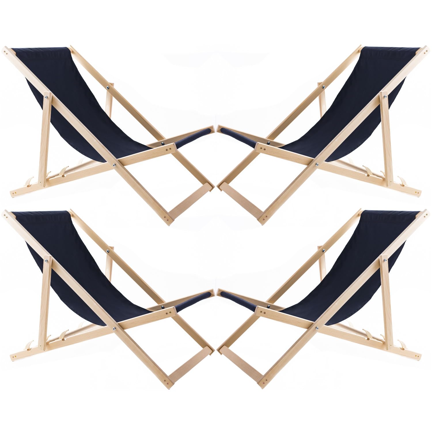 WOODOK Set of 4 Beech Wood Deck Chairs | Folding Sun Lounger for Garden, Beach, Balcony & Patio | Adjustable Backrest, Weatherproof Fabric | Maximum Load 120 kg (Navy Blue)