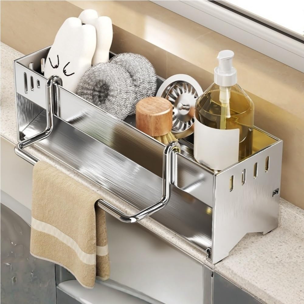 Kitchen Storage Rack Sink Caddy Organizer Drain Rack with Towel Bar Metal Sponge Holder Multifunctional Sink Rack for