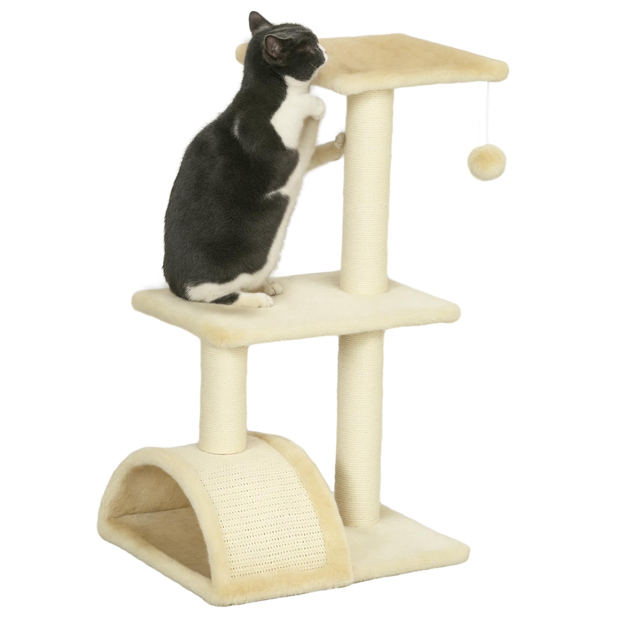 Arbre à chat PawHut de 72 cm avec griffoir en sisal et balle de jeu crème