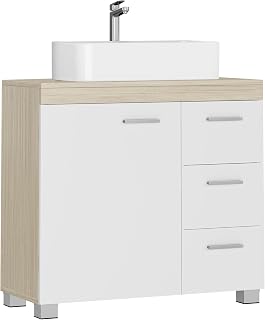VASAGLE Mueble Bajo Lavabo, Armario de Baño, 3 Cajones, 2 Compartimentos Detrás de la Puerta, Apto para Lavabos con Pedestal, con Pies, 30 x 70 x 64 cm, Blanco Nube y Beige Natural BBK504K01