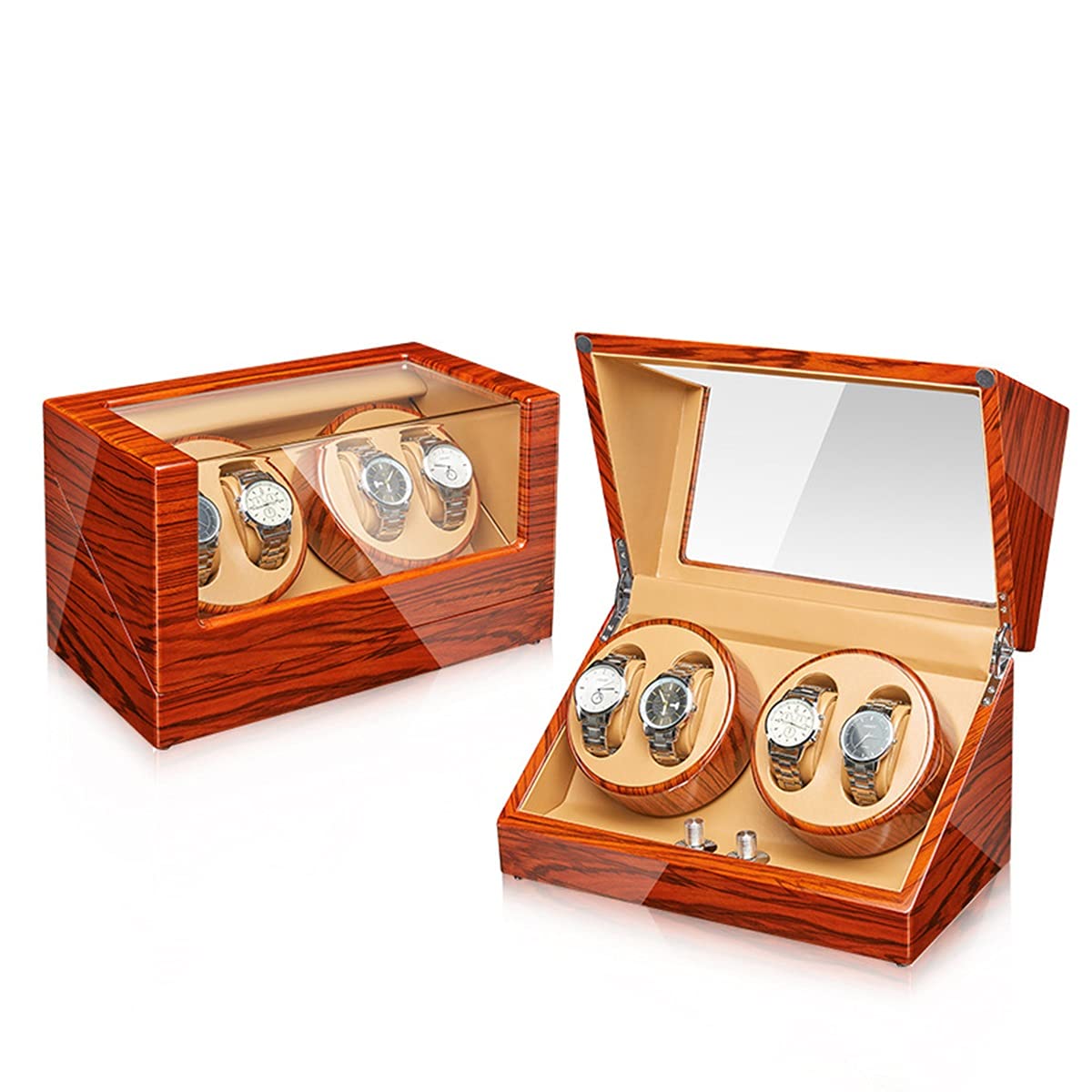 Boîte de présentation automatique pour montre homme et femme avec moteur silencieux et coussin de montre flexible, 4 modes de rotation, coque en bois, finition piano 2+0,4+0
