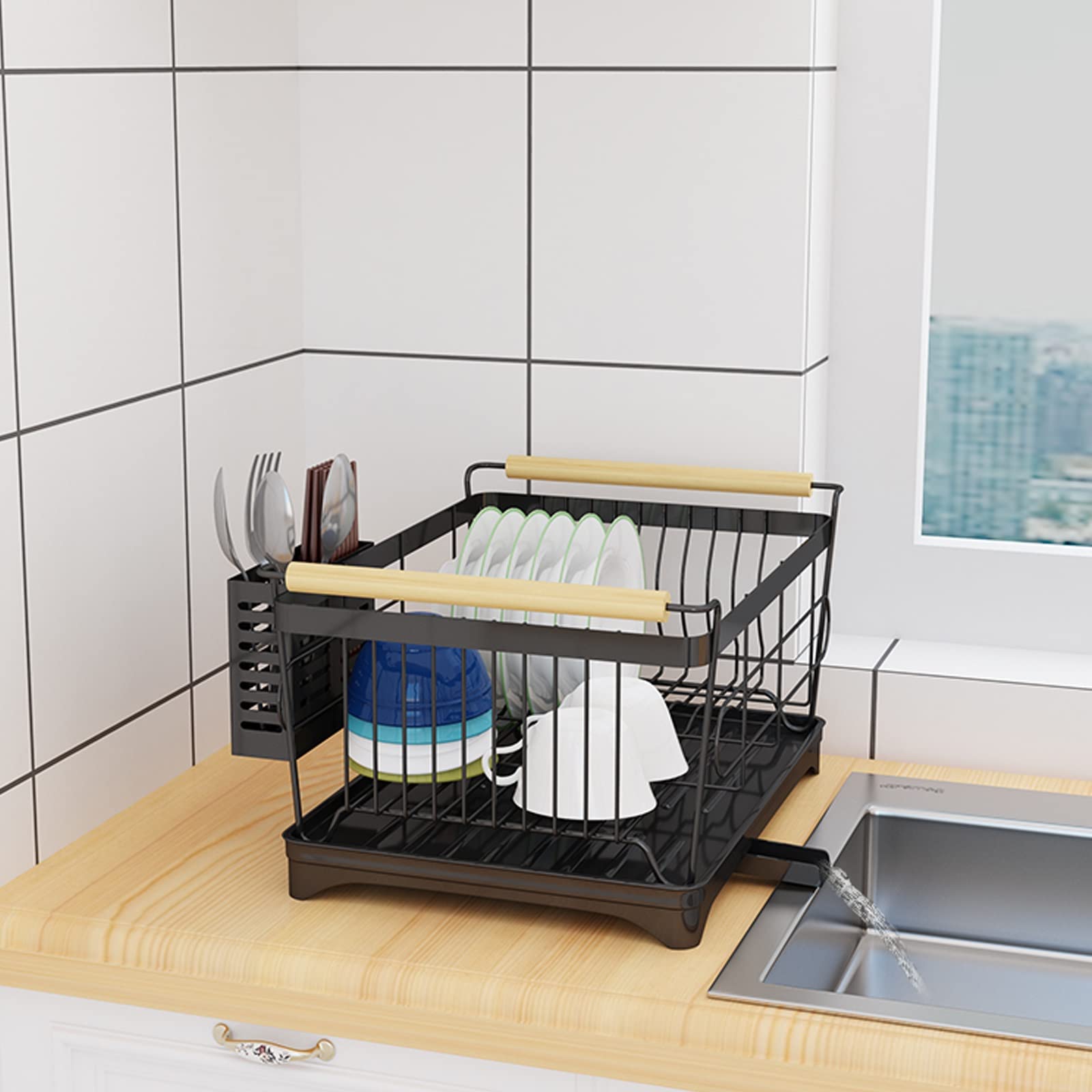 Abtropfgestell Edelstahl Geschirrabtropfer Abtropfablage, Geschirrabtropfgestell Über Spüle, Küchenarbeitsplatte, Aufbewahrung for Teller, Geschirrkorb Küchenschalenregale, Schwarz Geschirrabtropfer