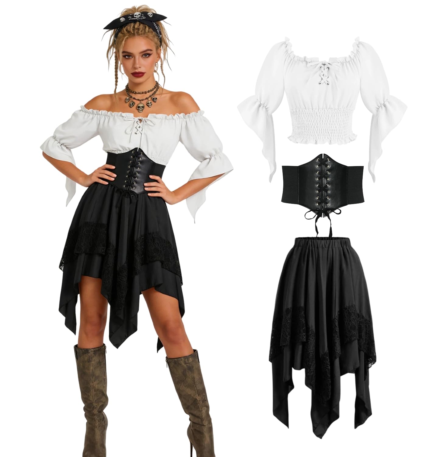 minkasic Medieval Costume Women Set Elegant Top, Skirt, Corset Belt for Renaissance Faire (Black, L)