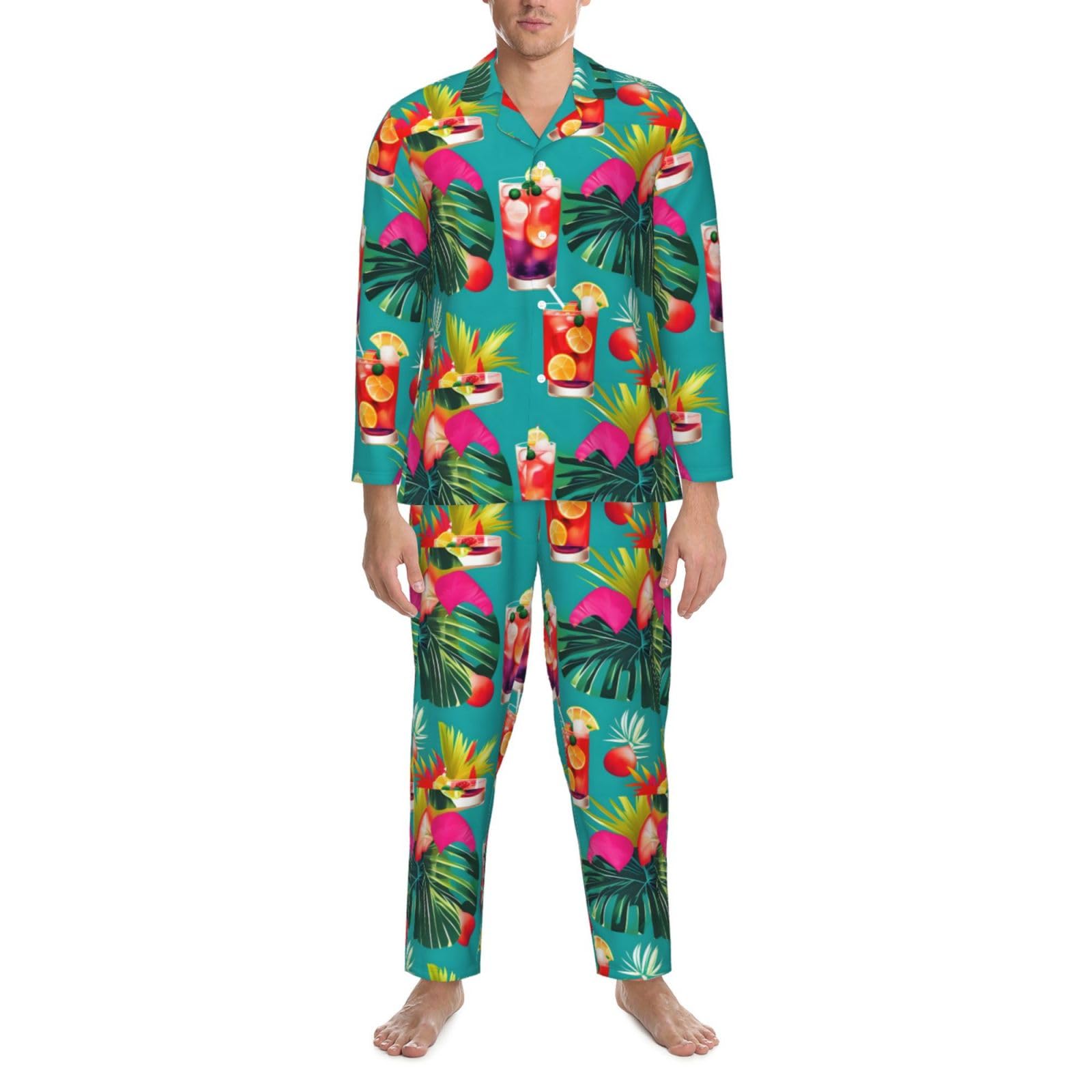 Cocktail tropicali Stampa Uomo Manica Lunga Pigiama Set Due Pezzi Home Wear Confortevole Sleepwear Nightwear