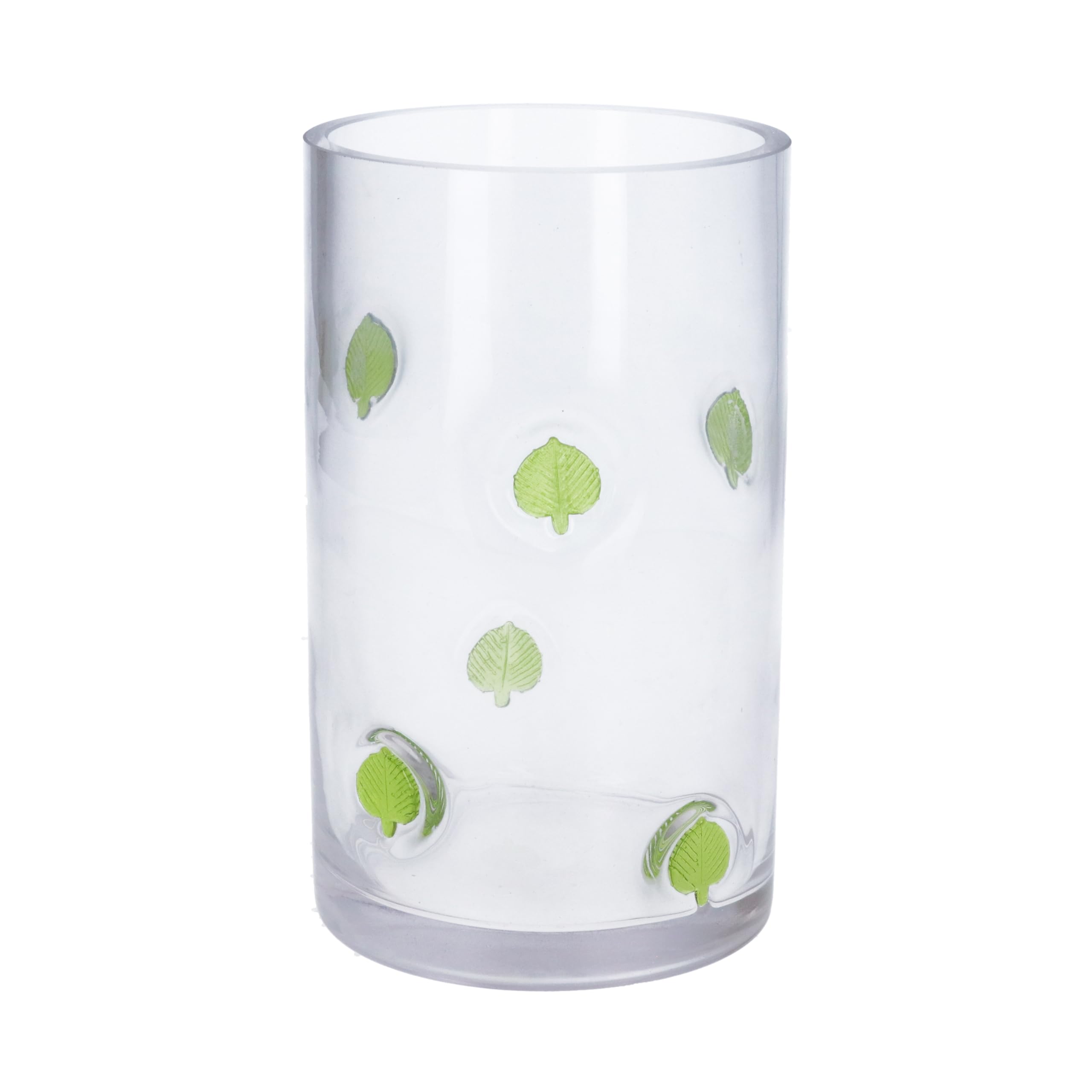 Gisela Graham Clear Glass Cylindrical Vase, Embossed Green Leaf Design, 20cm