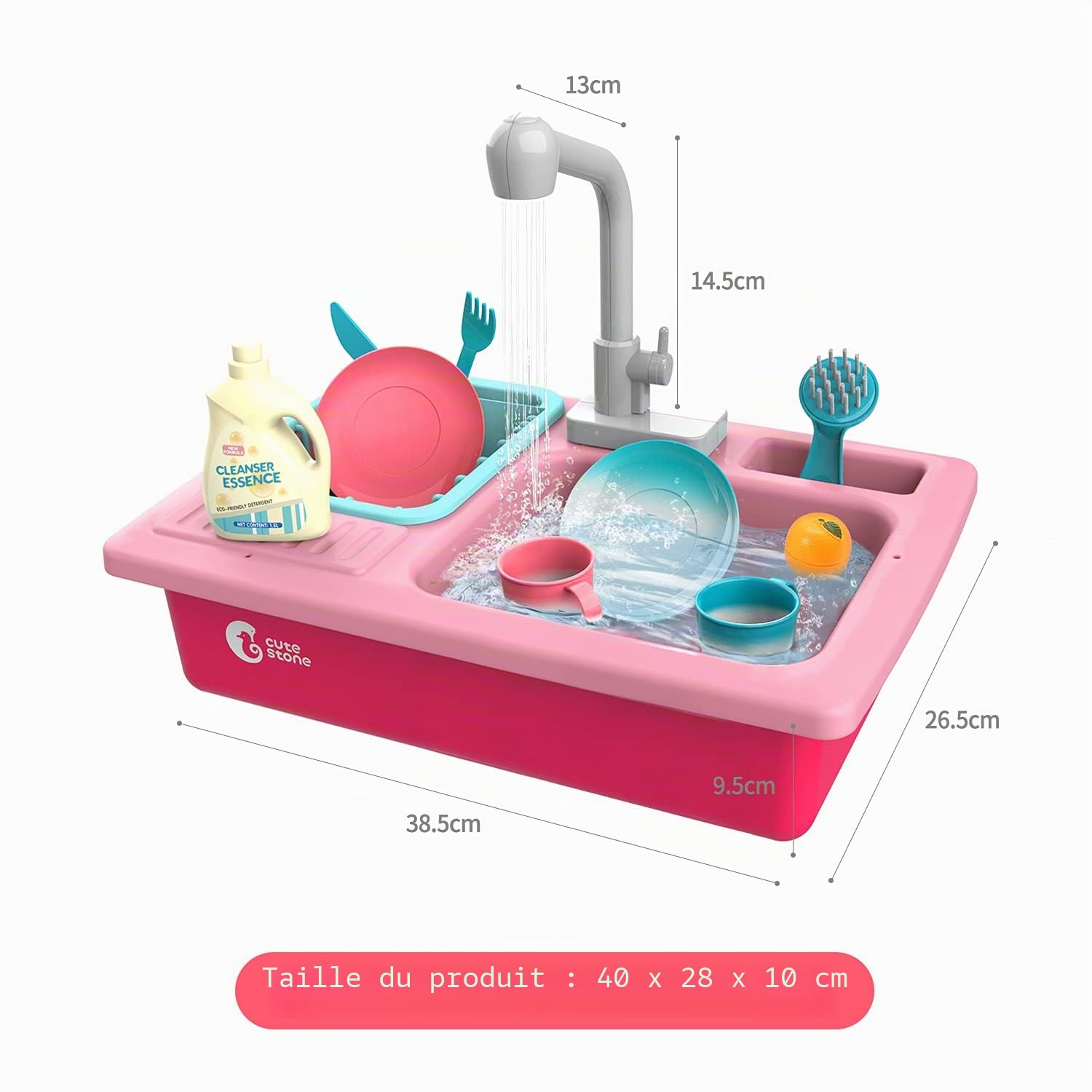 cute stone Ensemble évier de Cuisine avec Robinet d'eau Chaude, système de Recyclage de l'eau, dînette Qui Change de Couleur et Fruits à découper Jouet pour Enfants à partir de 3 Ans Rose