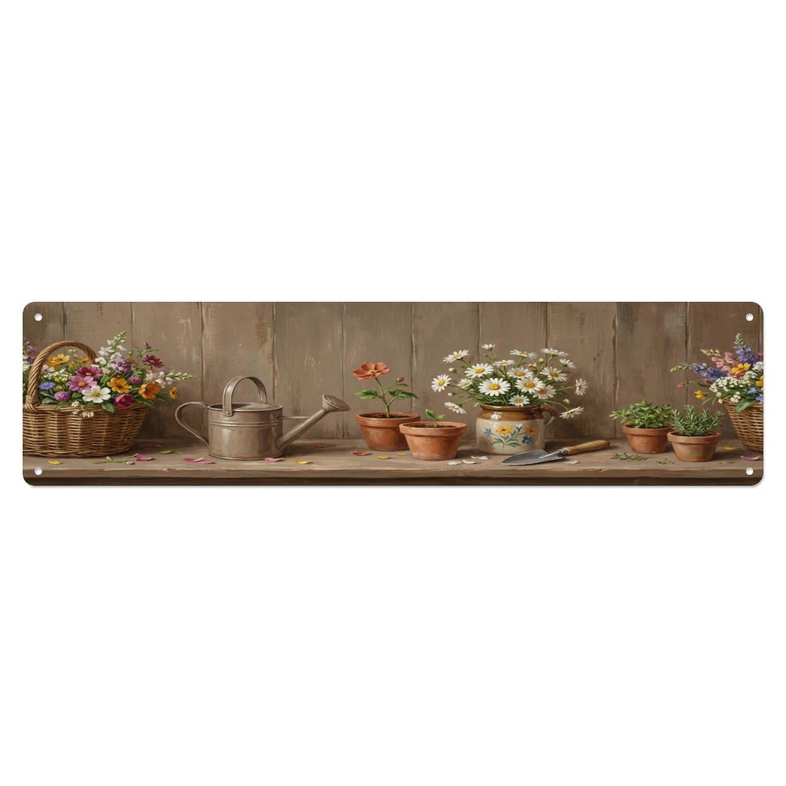 Floral Garden Tools Basket Bloom Pattern Print Metal Tin Sign