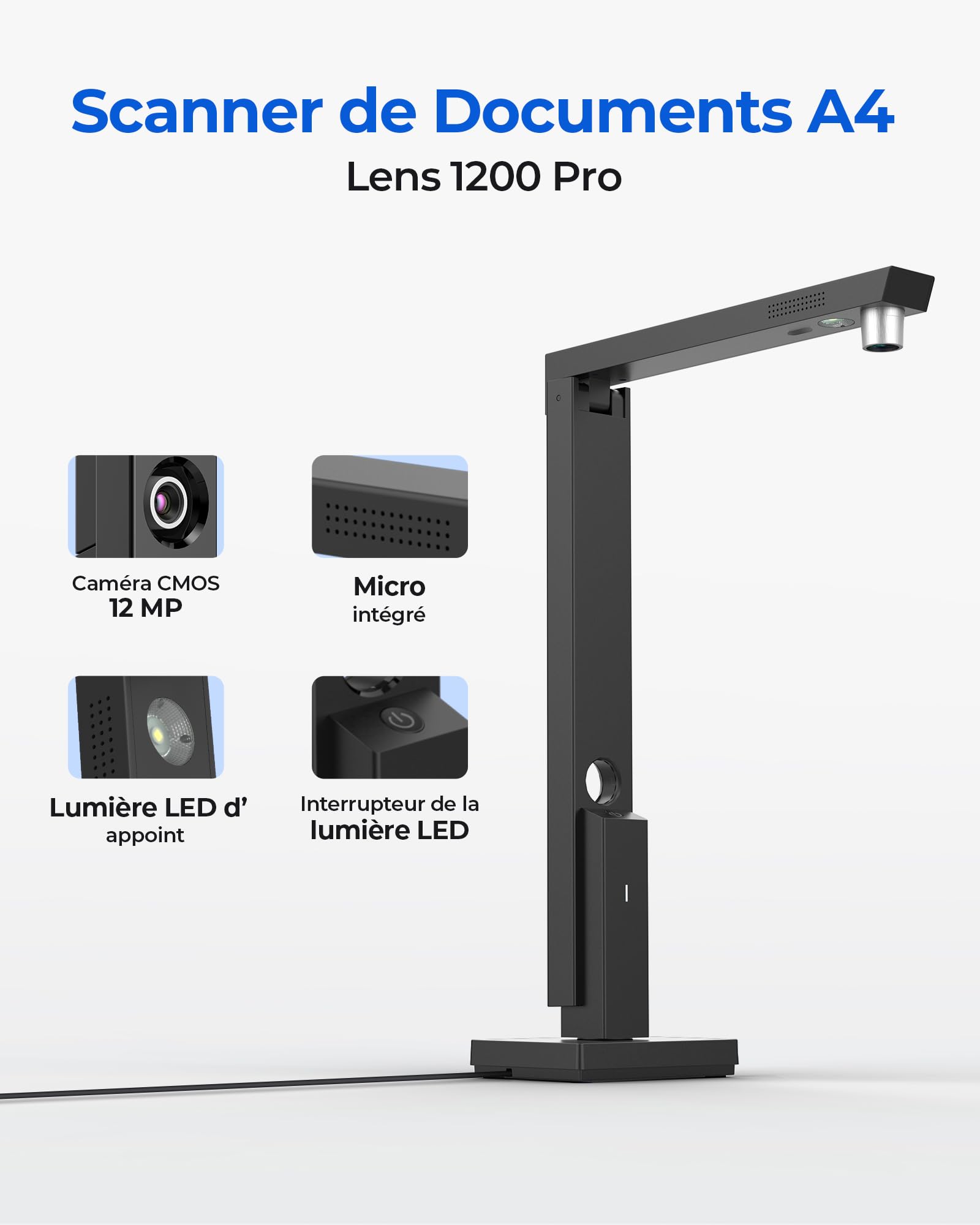 CZUR Lens1200 Pro 12MP Scanner de Documents Portable, Caméra de Documents USB, Numérisation Rapide 1 s/Page, Format de Capture A4, OCR Facile à Utiliser, Scanner Mobile, pour Mac et Windows