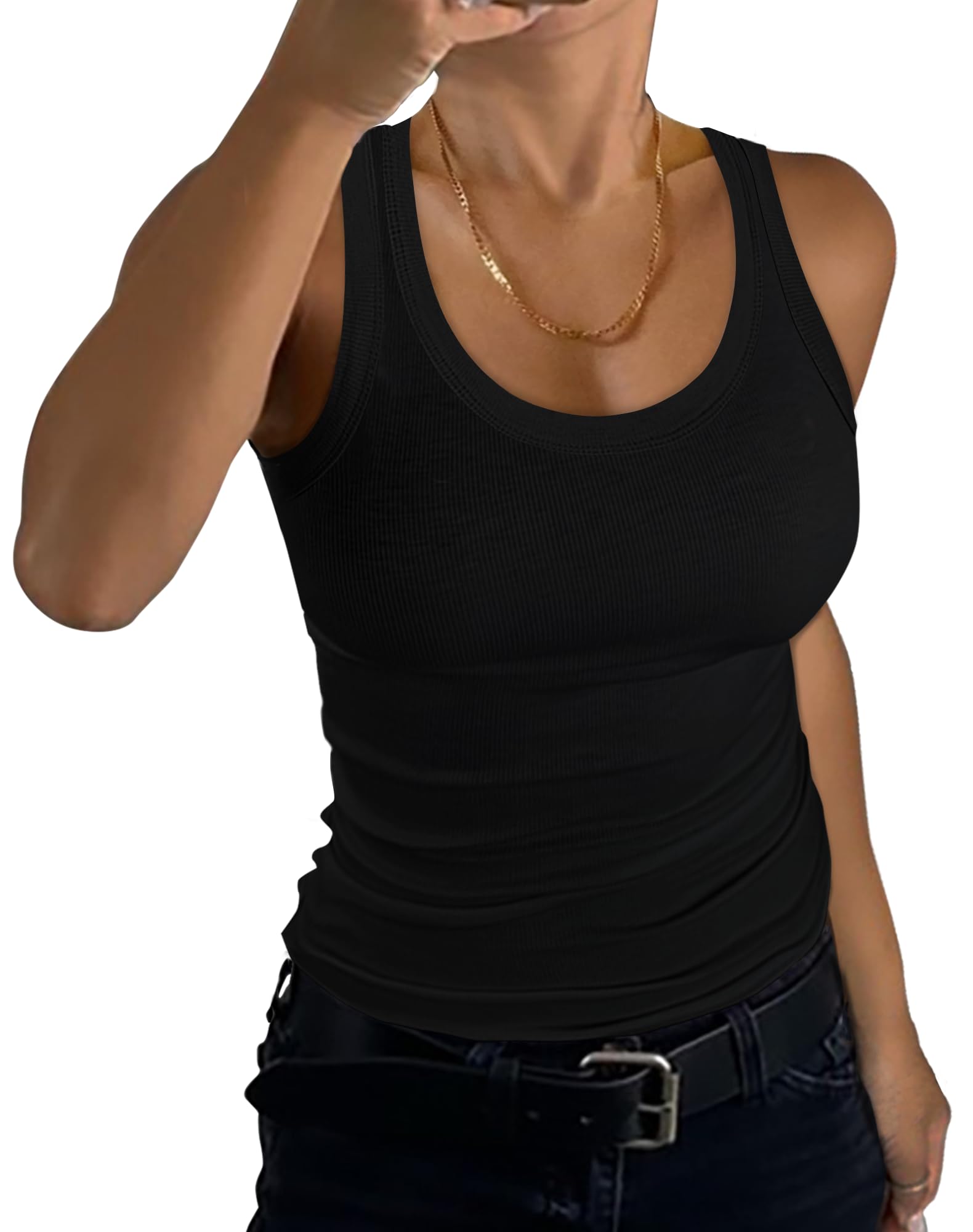 GEMBERA Womens Scoop Neck Sleeveless Racerback Ribbed Knit Slim Fitted Basic Tank Top Shirt