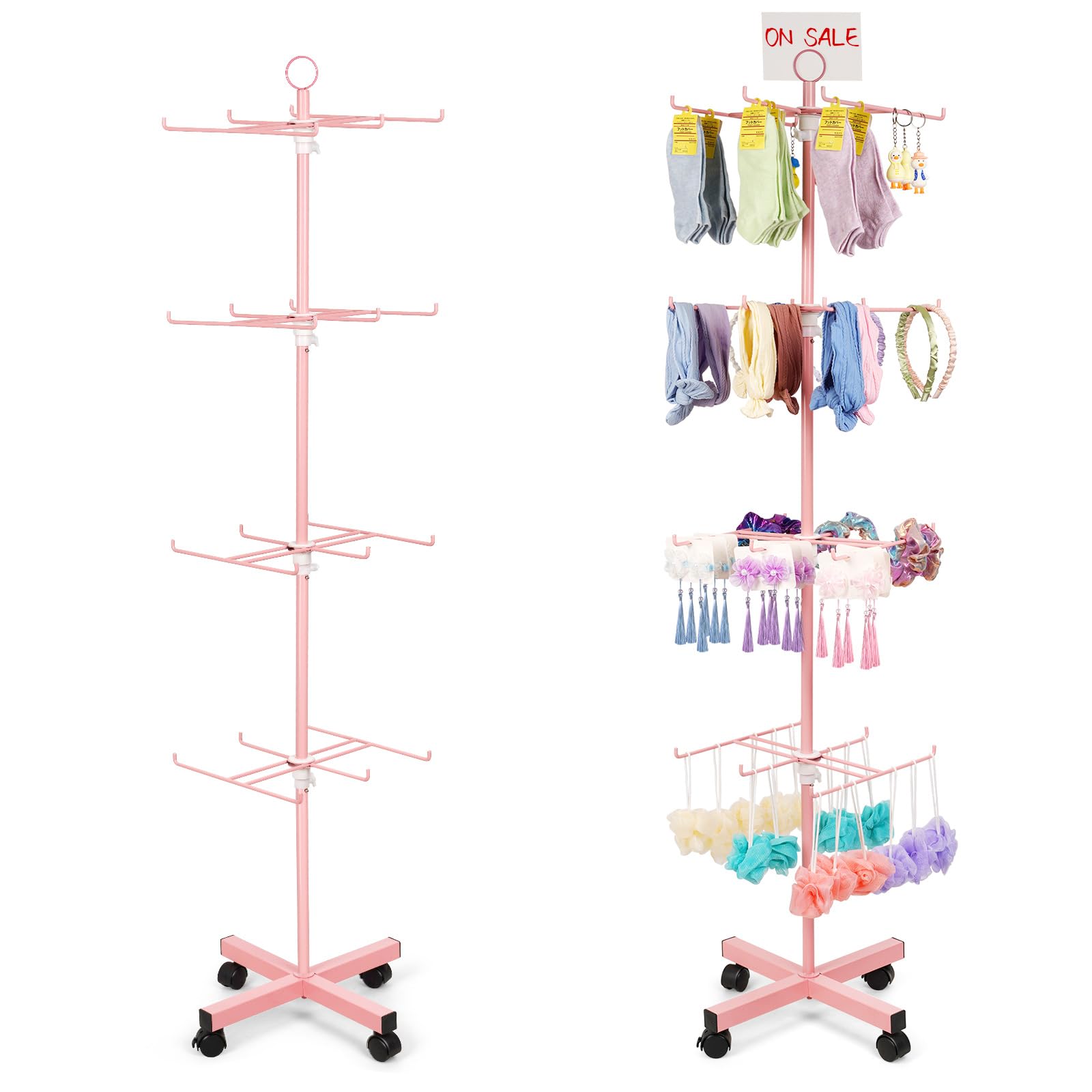 Whchiy Pink Retail Display Stand Rotating Display Rack 4 Tier Spinning Display Stand For Craft Shows, Jewelry, Keychain, Earring Adjustable Height Retail Display Racks (Pink)