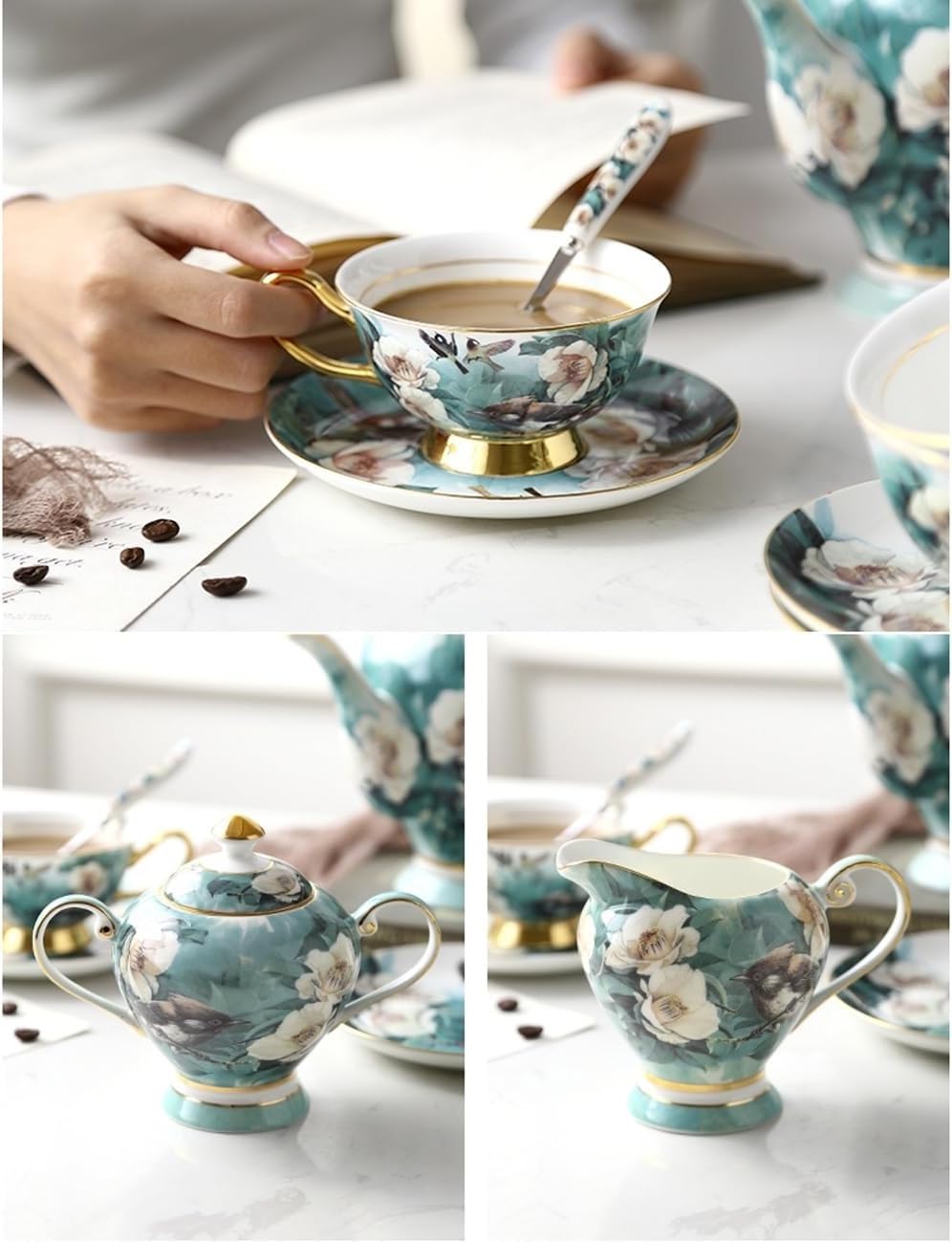 15-częściowy zestaw porcelanowych dzbanków do kawy, zestaw do herbaty z porcelany kostnej, kubki, spodki i łyżki dla 6 osób, wykwintne zestawy porcelany na popołudniową herbatę z cukierniczką i