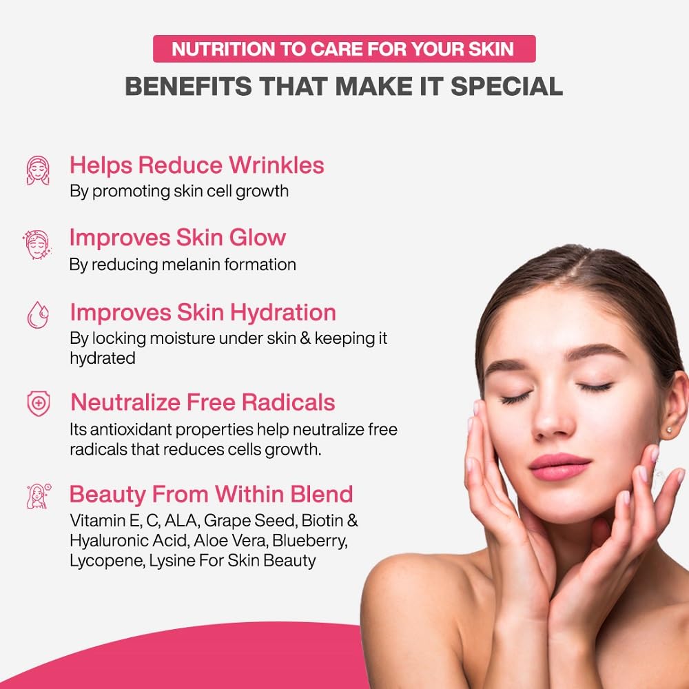 MyFitFuel Skin Beauty Glutathione Reduced (60 Capsules) with Lycopene, Vitamin C & E, Hyaluronic Acid, Biotin &more. For Men & Women Hydrated, Brightening, Radiant Skin. For Reducing Melanin & Glowing Skin 2