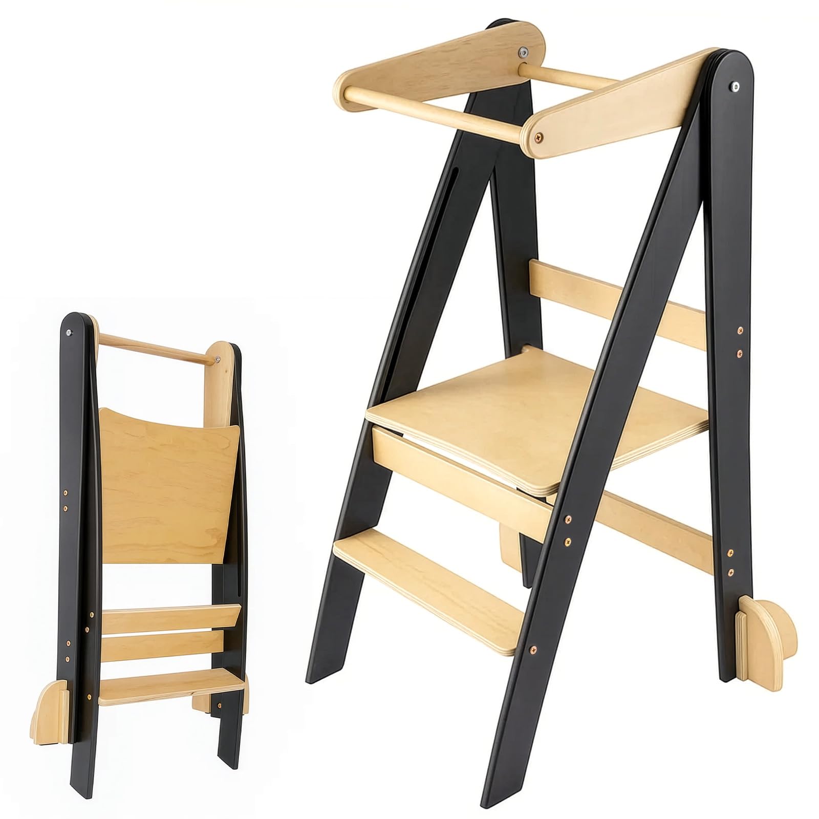 EVERGOODS Wooden Learning Tower for Kids, Foldable Step Stool with Anti-Tip Safety Design, Space-Saving Kitchen Helper Tower for Learning Activities, Kitchen and Bathroom (Black)