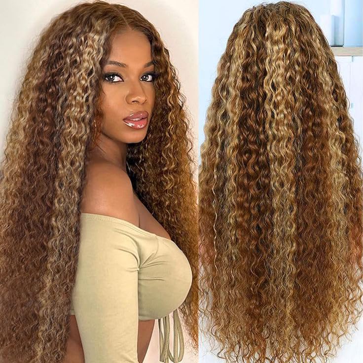 Honey Blonde13X6 Deep Wave Lace Front Wigs Human Hair Highlight Curly Wig Human Hair 4/27 Skunk Stripe Colored Glueless Wig 200% Density Blonde Bronw