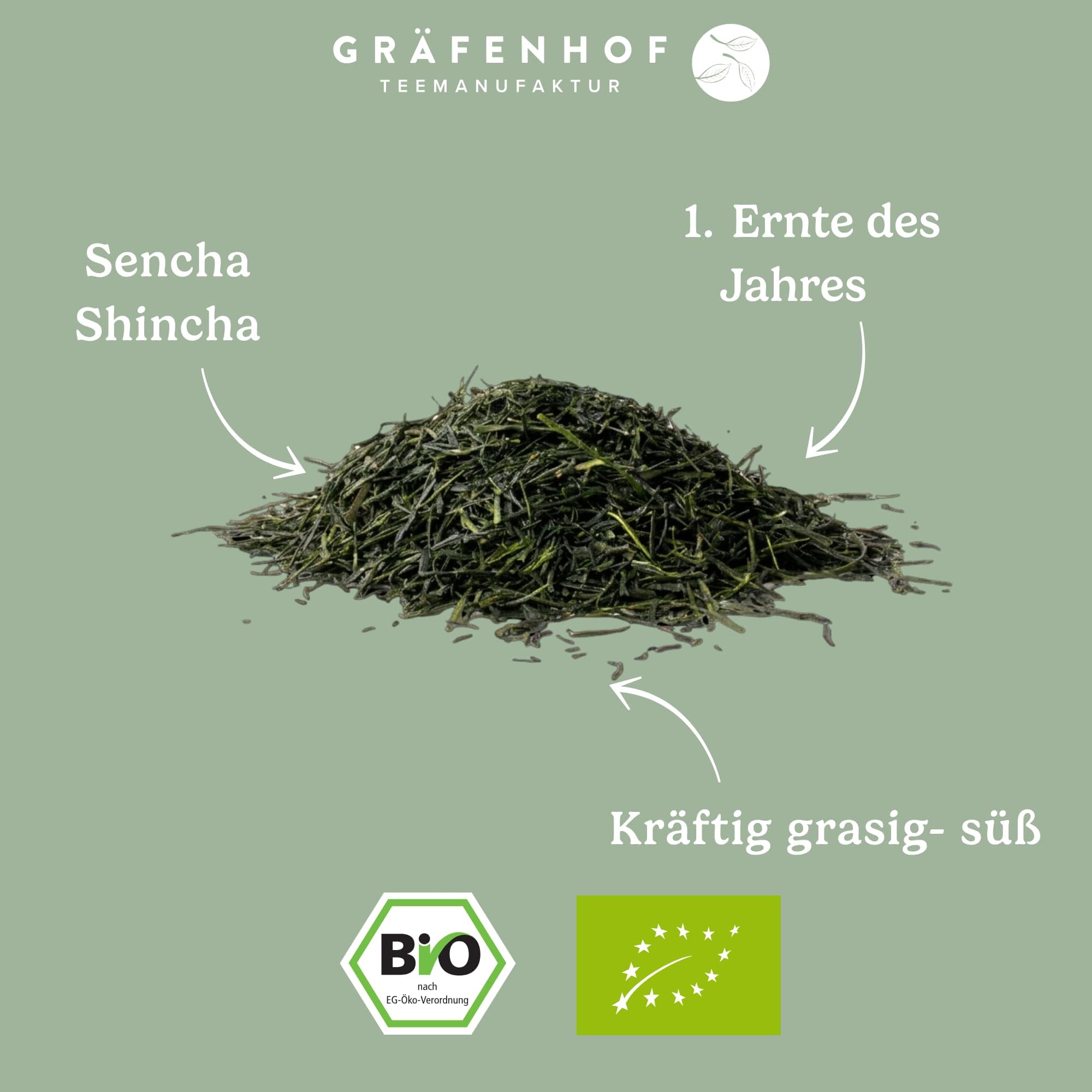 Gräfenhof Japan Sencha Shincha Bio, 100g loser Tee, aus 100% japanischem Shincha der ersten Ernte, frisch & umami, mit natürlichem Koffein, Premium Qualität, in DE abgefüllt