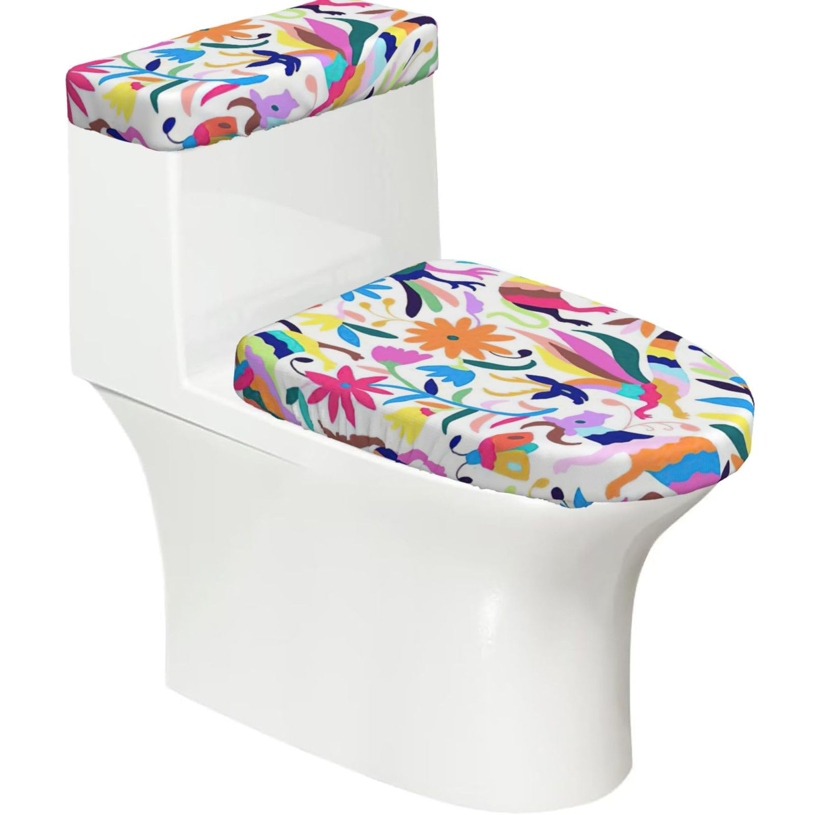 Mexican Otomi Animals Print Stretch Toilet Covers Set, Polyester Covers Replacement For Fits Most Size Lids Bathroom Decor