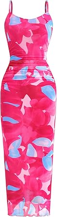 PRETTYGARDEN Summer Wedding Guest Dresses for Women 2025 Spaghetti Strap Mesh Bodycon Beach Floral Maxi Long Dresses